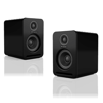 Phasx - Essential active satellite speakers - front view, black