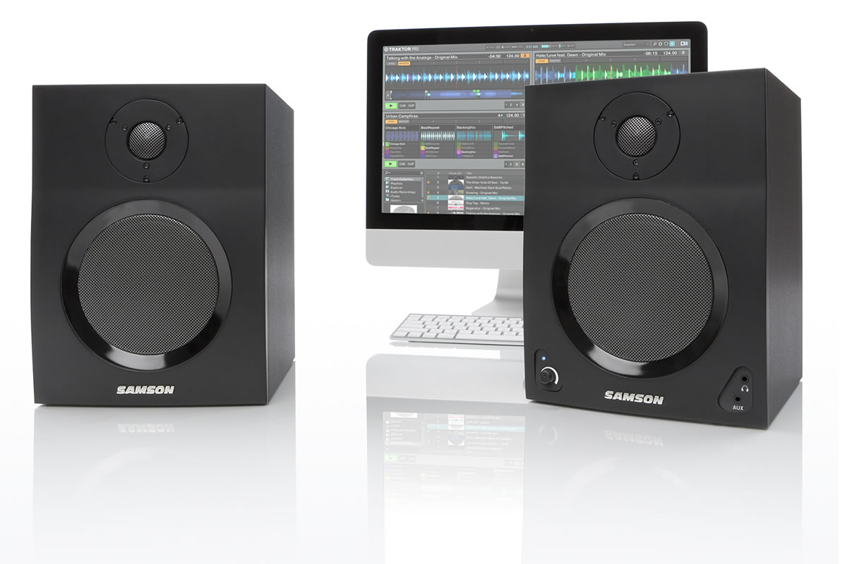 Samson MediaOne BT5 2-way active Bluetooth speakers - front view with mac computer