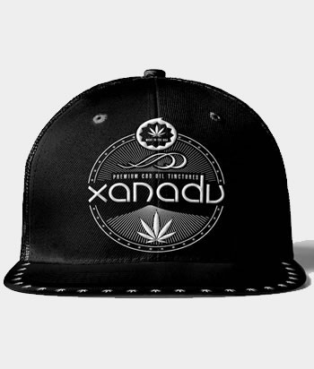 Xanadu 6 panel snap back trucker cap, white on black - front