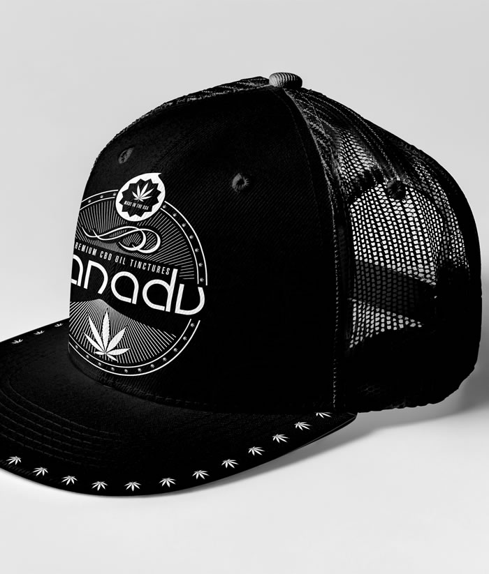 Xanadu 6 panel snap back trucker cap, white on black - perspective