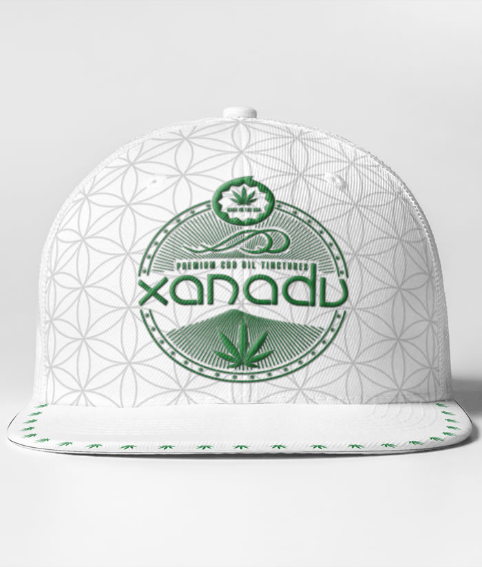 Xanadu 6 panel snap back trucker cap, green on white - front