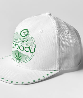 Xanadu 6 panel snap back trucker cap, green on white - perspective