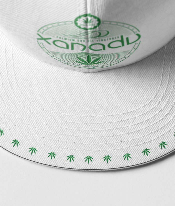 Xanadu 6 panel snap back trucker cap, green on white - top