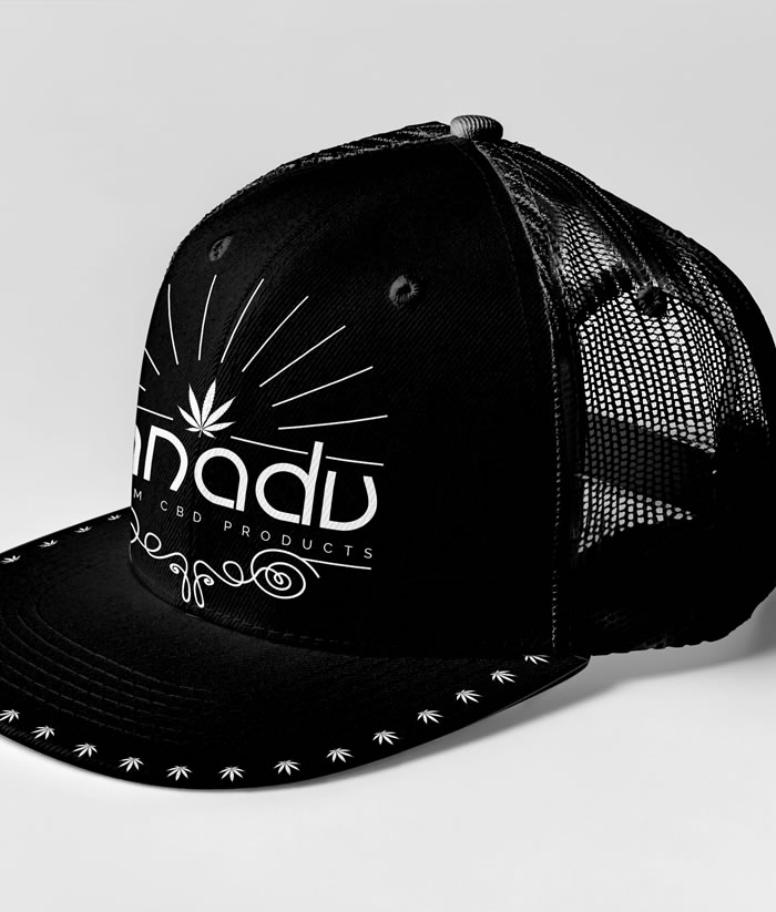 Xanadu 6 panel snap back trucker cap, white on black - perspective