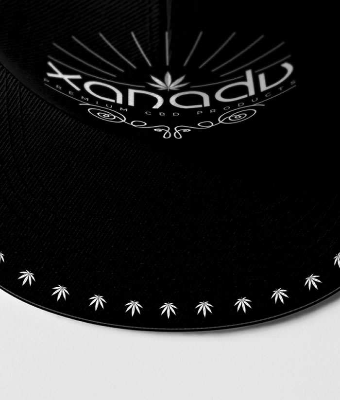 Xanadu 6 panel snap back trucker cap, white on black - top