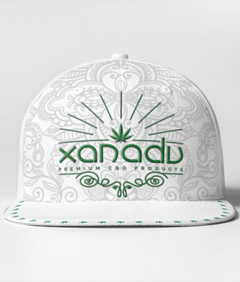 Xanadu 6 panel snap back trucker cap, green on white - front
