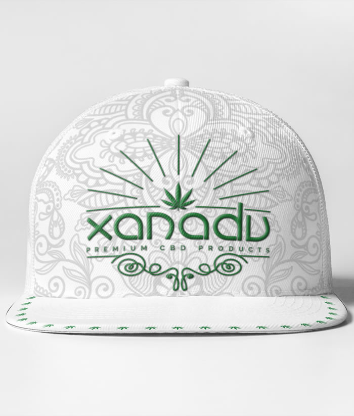 Xanadu 6 panel snap back trucker cap, green on white - front