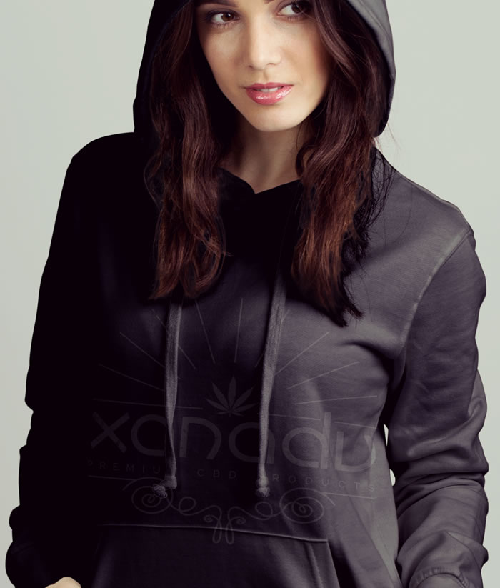Xanadu cotton fleece pullover hoodie, black on black - front