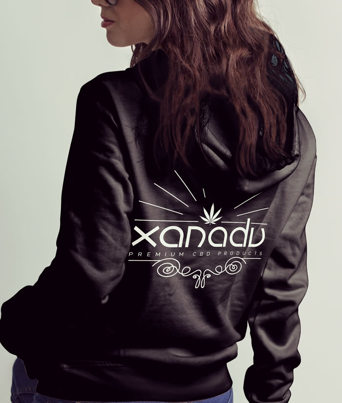 Xanadu cotton fleece pullover hoodie, white on black - back